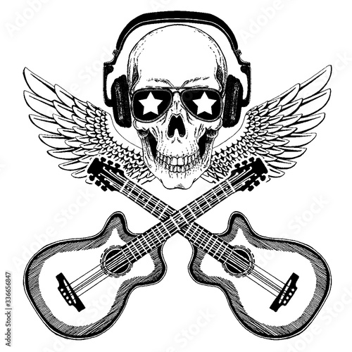 Vector skull in headphones with guitars. Logo for shirt, musical poster
