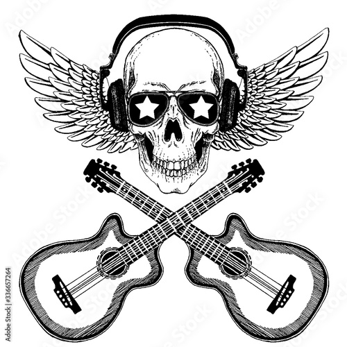 Vector skull in headphones with guitars. Logo for shirt, musical poster