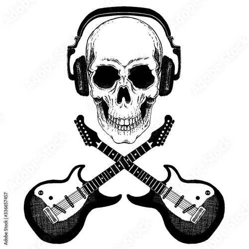 Vector skull in headphones with guitars. Logo for shirt, musical poster