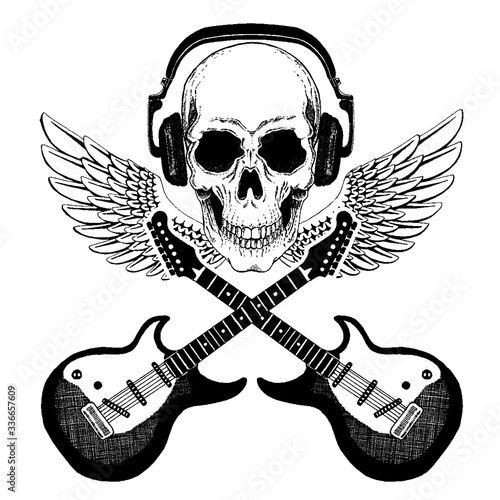 Vector skull in headphones with guitars. Logo for shirt, musical online school, internet education, tattoo, poster.