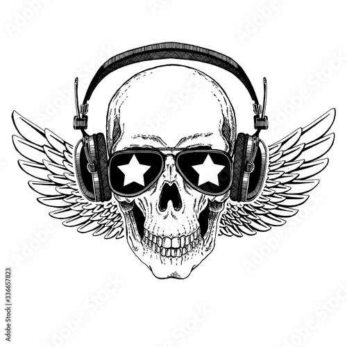 Vector skull in headphones. Logo for shirt, musical online school, internet education, tattoo, poster.