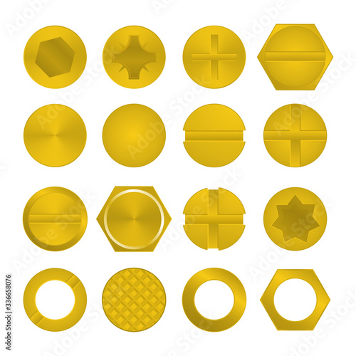 Realistic 3d Detailed Metal Yellow Screws and Heads Set. Vector