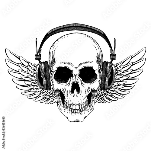 Vector skull in headphones with guitars. Logo for shirt, musical online school, internet education, tattoo, poster.