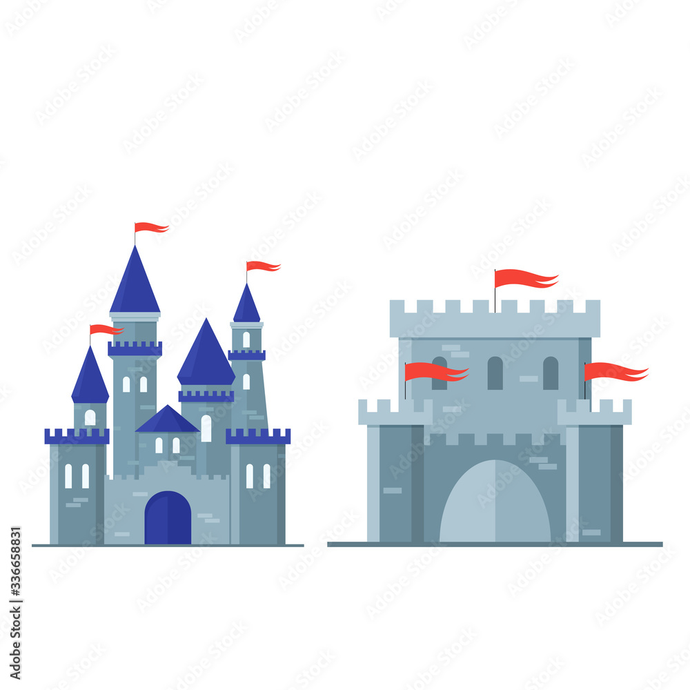 Cartoon Color Medieval Castle Building Concept. Vector