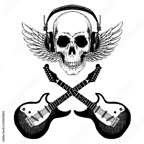 Vector skull in headphones with guitars. Logo for shirt, musical online school, internet education, tattoo, poster.