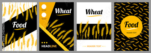 Set Design flyer Wheat Ears on white and black background. For Natural Product Company. Organic wheat, bread agriculture.