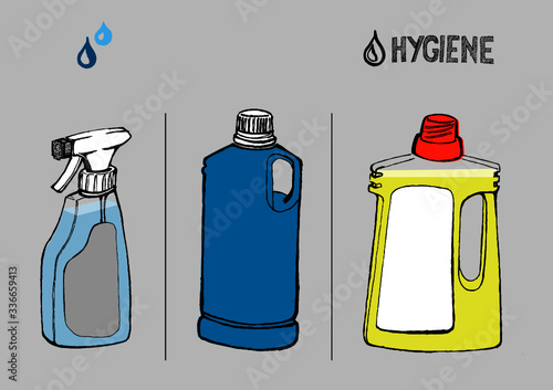 Reinigen, Reinigung, Reinigungmittel, Reinigungszubehör, Cleanser, Cleaning, Clean, cleaning agent, care product, Illustration, Zeichnung, Drawing, Sketch, Doodle, Hygiene, 