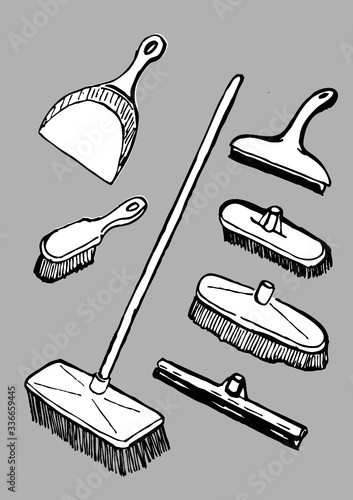 Reinigen, Reinigung, Reinigungmittel, Reinigungszubehör, Cleanser, Cleaning, Clean, cleaning agent, care product, Illustration, Zeichnung, Drawing, Sketch, Doodle, Hygiene, Besen, Vektor, Schaufel,  