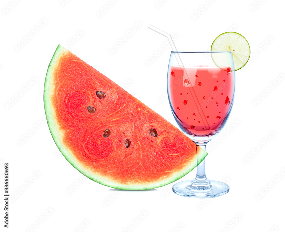 A sliced watermelon with wine glass of watermelon juice solated on white background. A sliced watermelon with wine glass of watermelon juice solated on white background.
