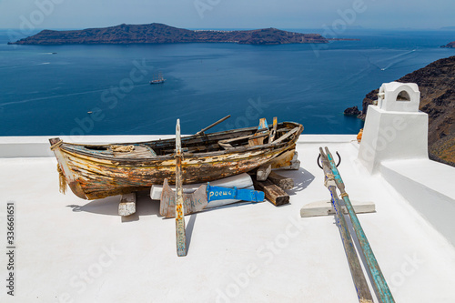 Boat at Imerovigli Village Santorini Island Greece