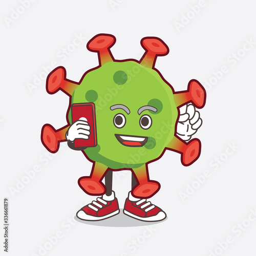 Green Coronavirus cartoon mascot character speaking on the phone