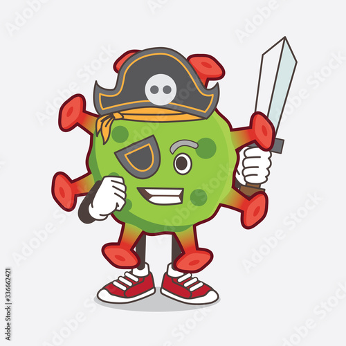 Green Coronavirus cartoon mascot character in pirate style and wearing hat