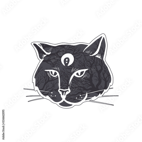 Magic cat face with moon on forehead isolated on white background. Cat head with dead tree branches texture. Halloween, occult and magic theme element.