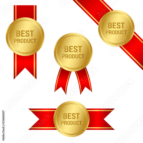 Best Product №1 high quality gold medal badges with red ribbons set, champion, winner, award vector EPS 10