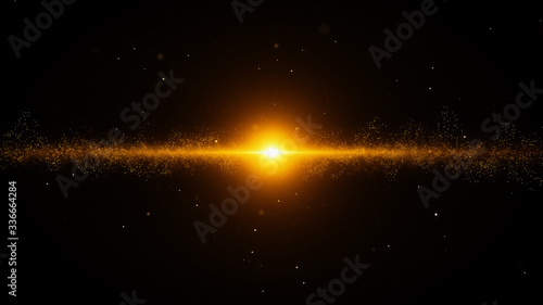gold particles flare abstract background with shining golden big bang particle stars dust on dark galaxy. Beautiful futuristic glittering in space on black background.	