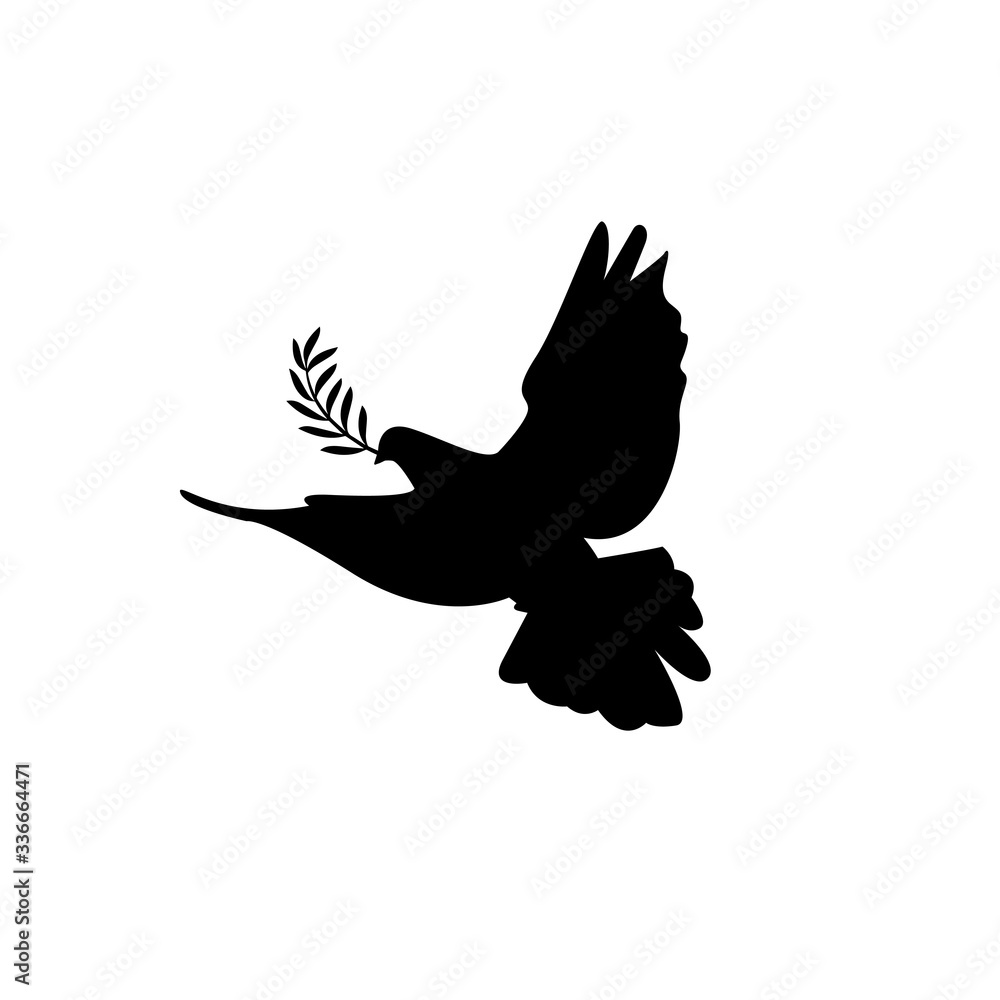 Black silhouette of a dove on a white background. Love and peace sign. Black silhouette of a dove on a white background. Love and peace sign.