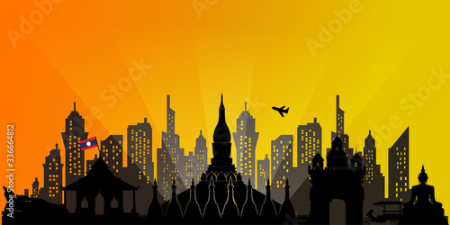 Laos Travel postcard, poster, tour advertising of world famous landmarks in silhouette style. Vectors illustrations