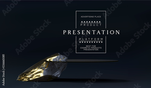 Vector stone podium for product presentation display. Marble black and gold Pedestal, Product Stand. Blank for mockup design. Minimalistic object placement, cosmetic product stone plate platform.
