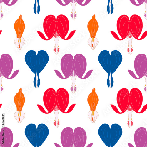 Asian bleeding heart flower in different colors seamless pattern background. heart shaped red, blue and orange flowers, lyre flower, heart flower and lady in a bath. Great for wallpaper, packaging 