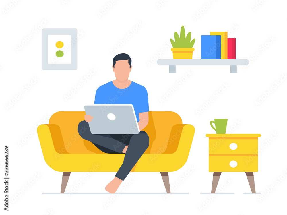 Working at home. Man freelancer working on laptop. Flat Style Working at home. Man freelancer working on laptop. Flat Style