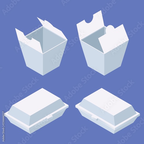 Fast food delivery package set for western and chinese food. White boxes isometric in various foreshortening