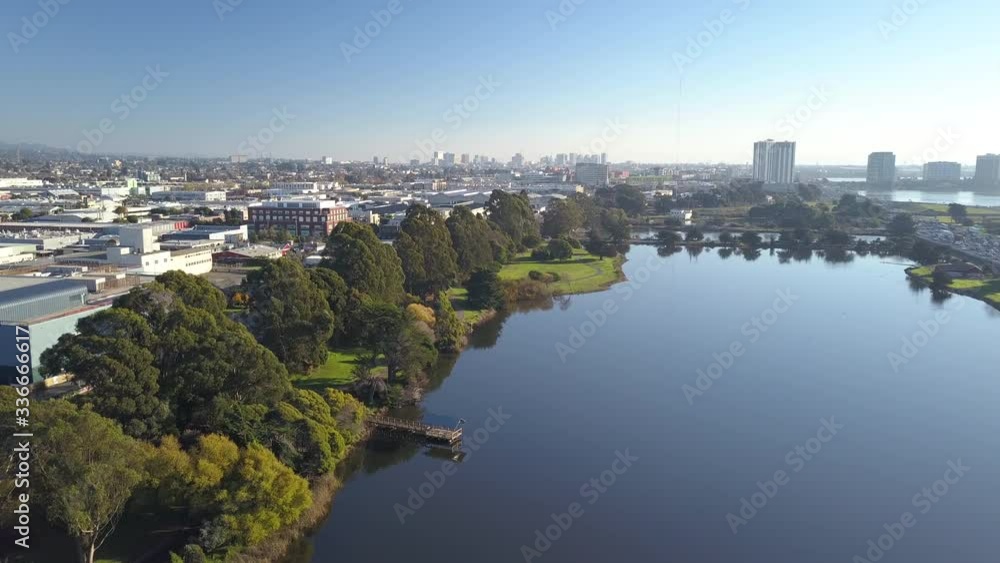 Aerial drone shot over Berkeley with San Francisco in the background. Fly Over Aerial drone shot over Berkeley with San Francisco in the background. Fly Over