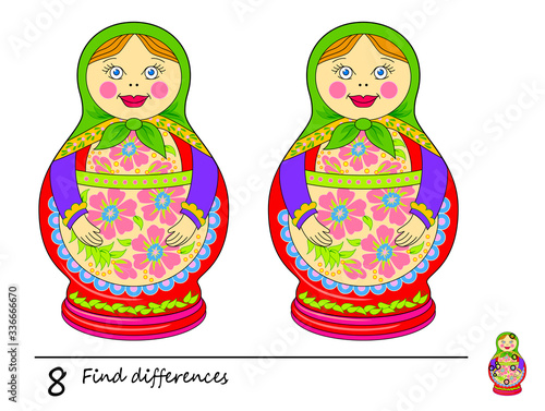 Find 8 differences. Logic puzzle game for children and adults. Printable page for kids brain teaser book. Illustration of cute Russian doll matryoshka. Developing counting skills. IQ test. Flat vector