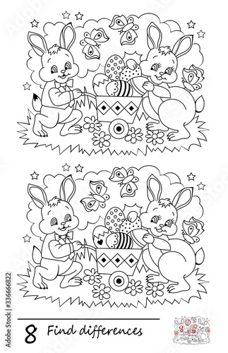 Find 8 differences. Logic puzzle game for children and adults. Black and white printable page for kids brain teaser book. Illustration of rabbits with Easter eggs. Developing counting skills. IQ test.