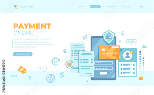 Online Payment Concept. Internet payments, data protection, money transfer, online banking, mobile wallet, mobile app. Phone with user interface. Can use for web banner, landing page, web template.