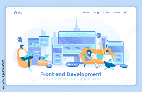 Frontend Development, Creating a site layout, template. The programmer is developing a website UI UX interface on monitor screen, tablet, phone. landing web page design template decorated with people 