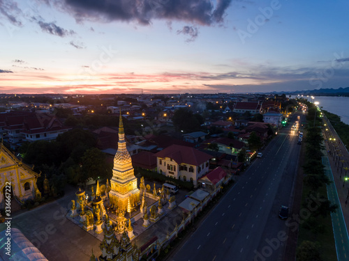 Aerial view.Wat Phra That Nakhon  in the city of Nakhon Phanom.