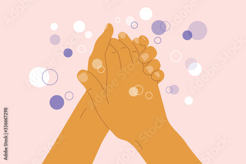 Wash your hands concept. Hygiene care poster. Disinfection, antibacterial, virus protection. Man or woman washing hands with soap or gel. Sanitizer, antiseptic prevent coronavirus. Vector illustration