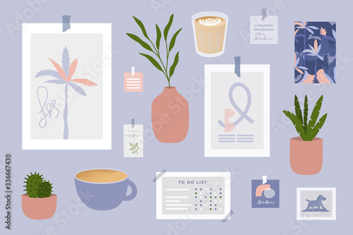 Inspiration mood board with home decor items. Poster, vase, houseplant, cards, cup of coffee, stickers and to do list. Idea for modern comfy scandinavian interior. Vector illustration, set of objects.