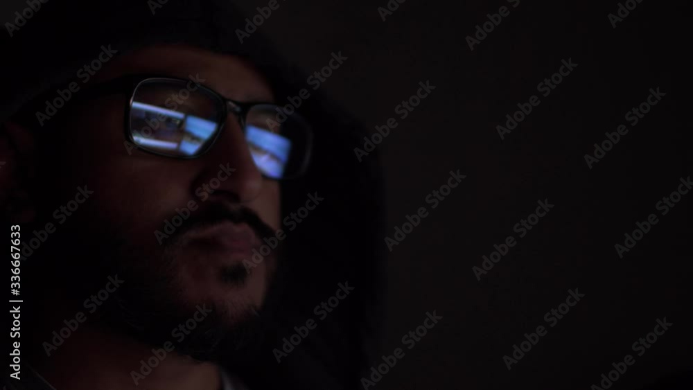 Hooded Asian Male With Reflection Of Computer Screens Seen In Glasses In Dark Room. Locked Off Hooded Asian Male With Reflection Of Computer Screens Seen In Glasses In Dark Room. Locked Off