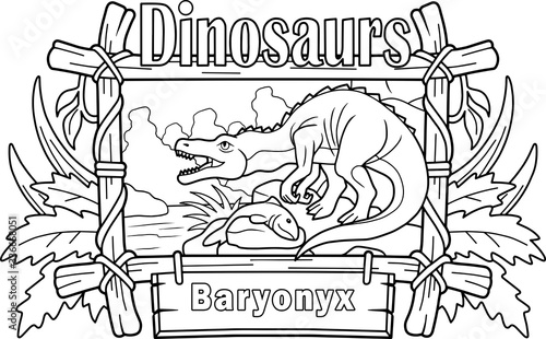 cartoon prehistoric dinosaur baryonyx, coloring book, funny illustration