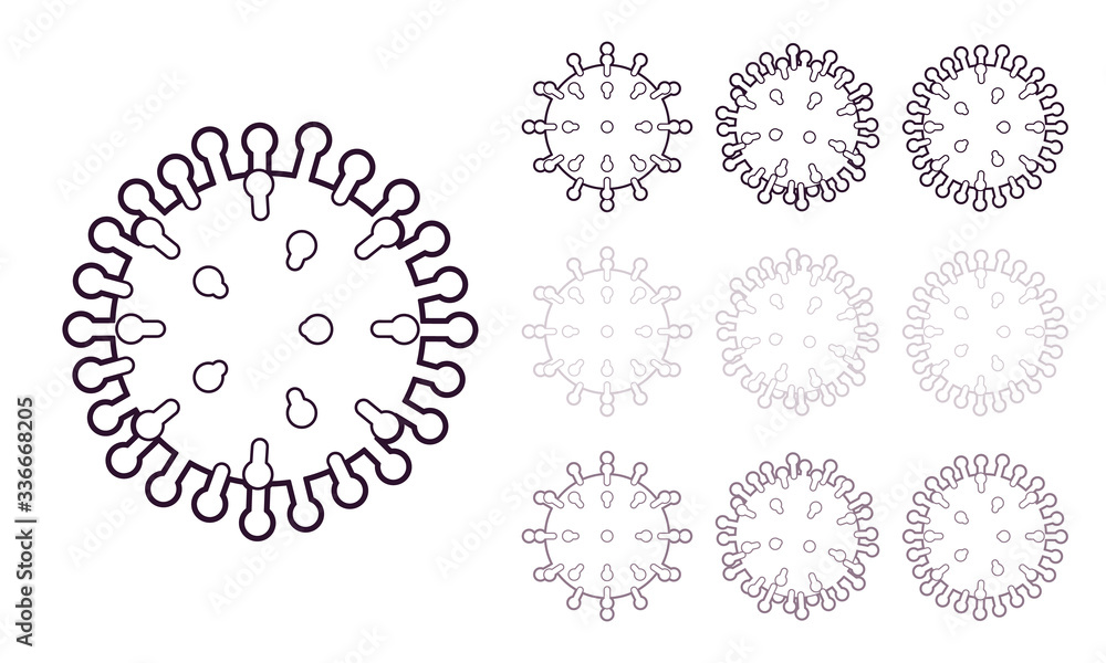 Virus structure line art, human coronavirus spike symbol set. Infectious disease with severe acute respiratory syndrome, medicine and healthcare concept. Vector illustration in different views Virus structure line art, human coronavirus spike symbol set. Infectious disease with severe acute respiratory syndrome, medicine and healthcare concept. Vector illustration in different views