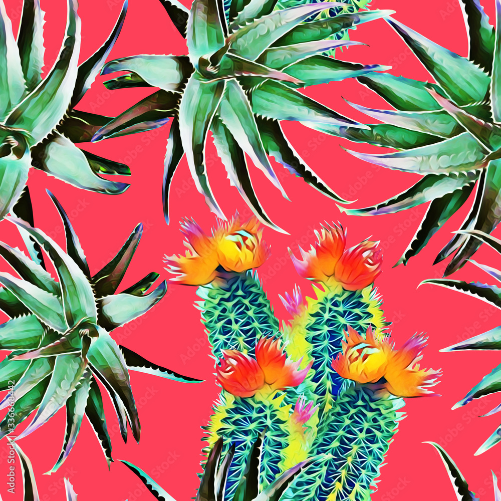 Fototapeta premium Cactus floral bouquet with aloe vera, seamless pattern.