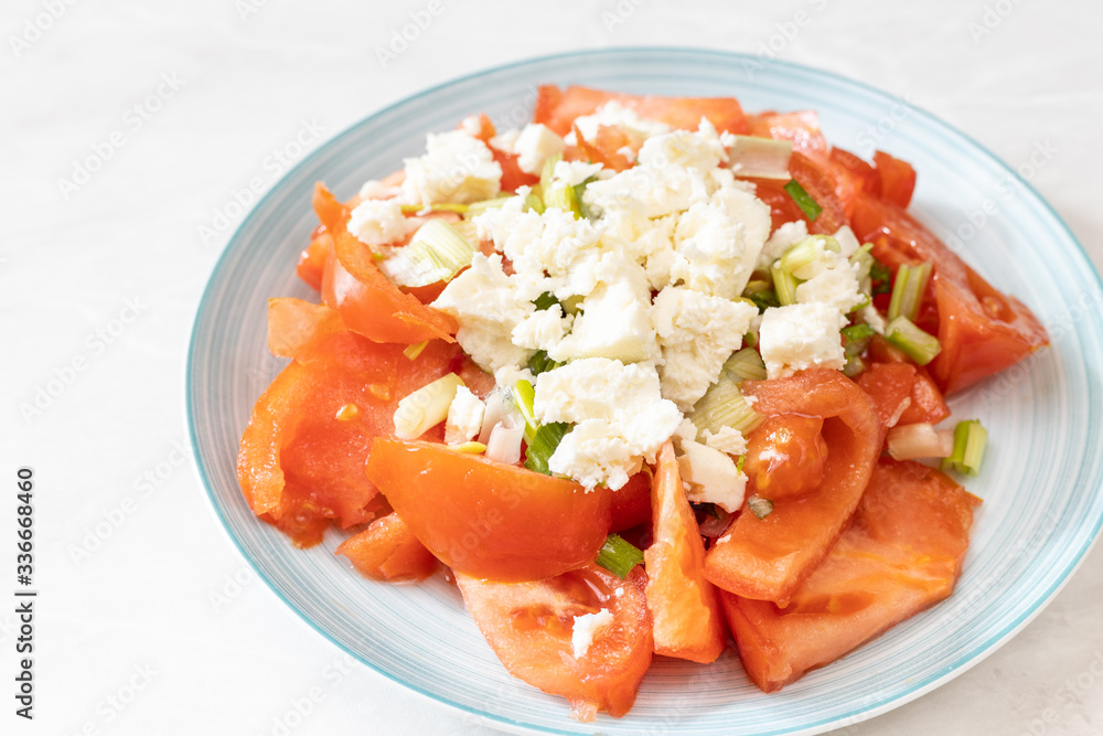 Tomato salad with onions and cheese served on the plate Tomato salad with onions and cheese served on the plate