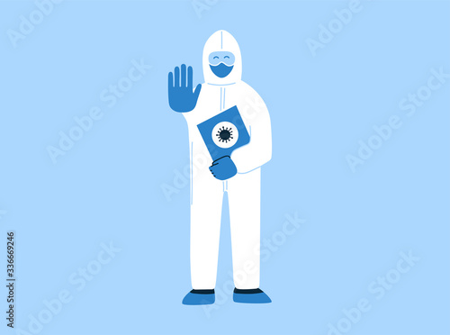 Vector illustration in flat style with empty place for text. Stop coronavirus COVID-19. Pandemic medical design concept. Man, specialist, doctor in white hazmat suit and mask. Poster, banner, brochure