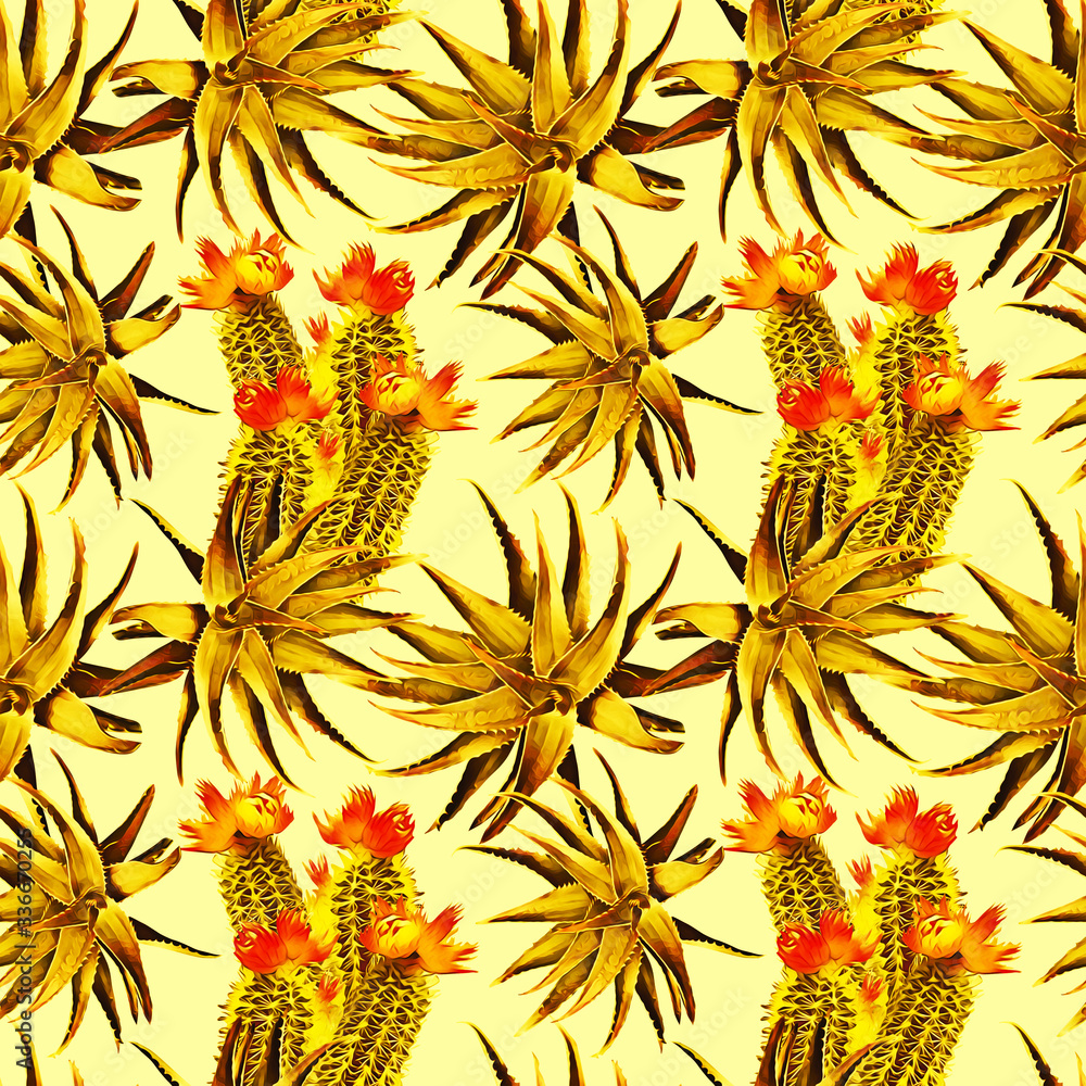 Cactus floral bouquet with aloe vera, seamless pattern.
