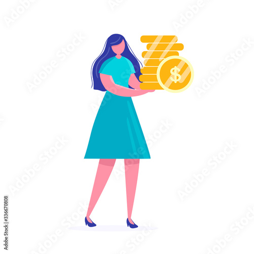 Girl girl holds coins. Savings and investing money. Finance, Investment. woman take Money. for Jar Making Saving, Deposit Web Page Banner. Cartoon Flat Vector Illustration