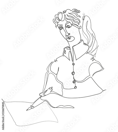 One continuous line drawing of young woman writing somethings.
Young college stundent girl writing somethings.
 photo