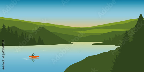 lonely canoeing adventure in summer with orange boat on the lake vector illustration EPS10