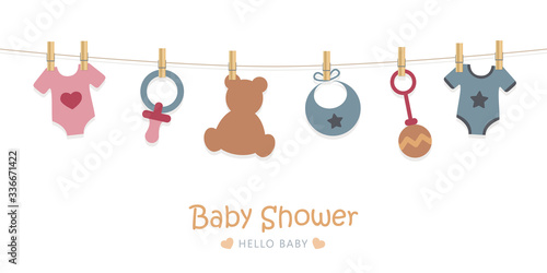baby shower welcome greeting card for childbirth with hanging utensils vector illustration EPS10