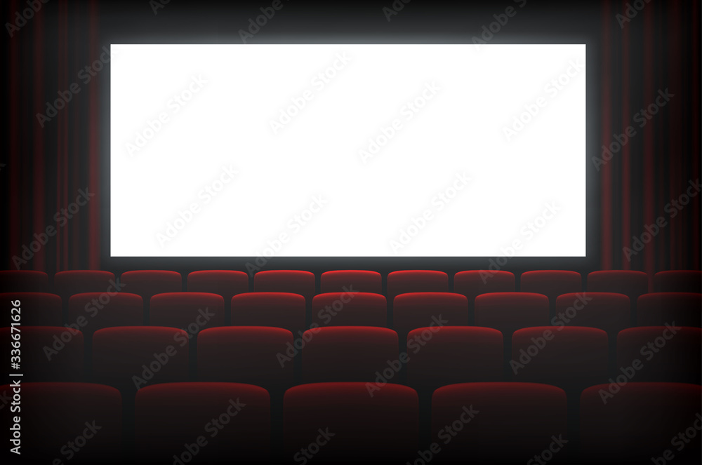 Cinema dark hall with white empty screen