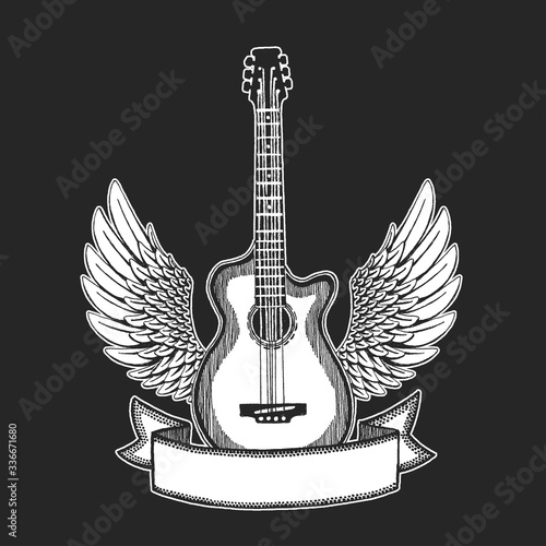 Vector rock guitar with wings. Print for poster, tattoo, tee shirt. Online musical education. Internet guitar lessons.