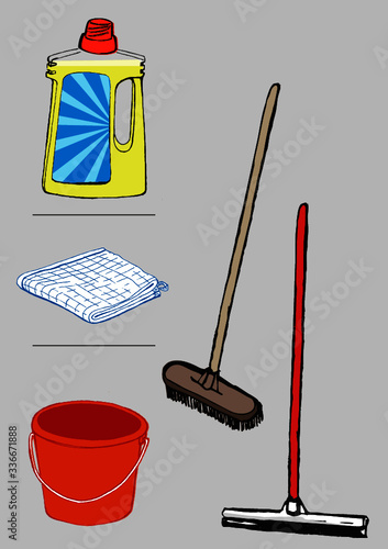 Reinigungsmittel, Reinigung, Putzen, Cleaning, Cleansing, Clanser, Illustration, Doodle, Vektor, Cleaning Agent, Floor, Boden