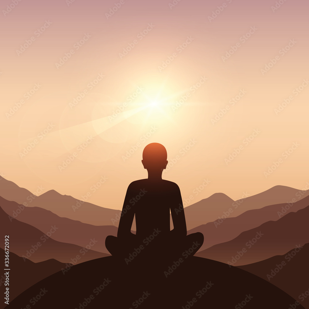 peace of mind meditation concept silhouette with mountain background vector illustration EPS10