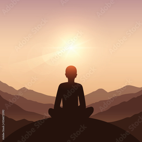 peace of mind meditation concept silhouette with mountain background vector illustration EPS10