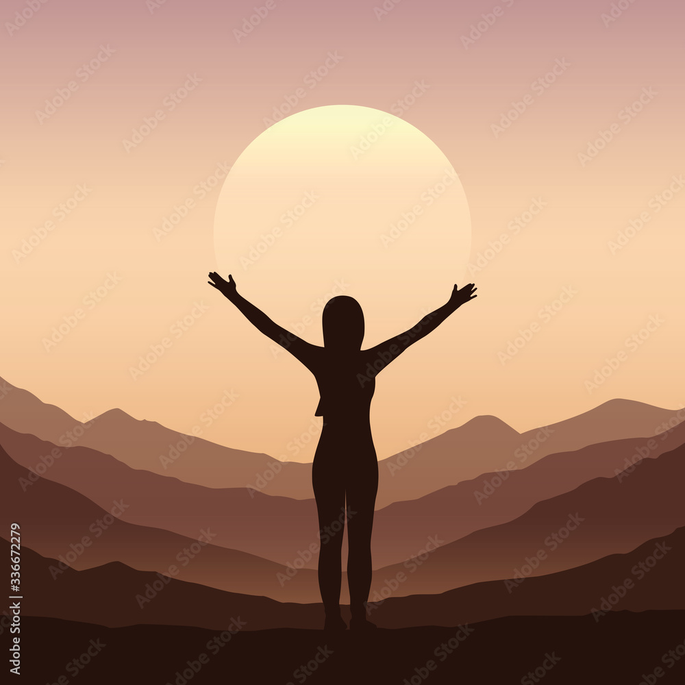 happy girl with raised arms on brown mountain nature landscape vector illustration EPS10